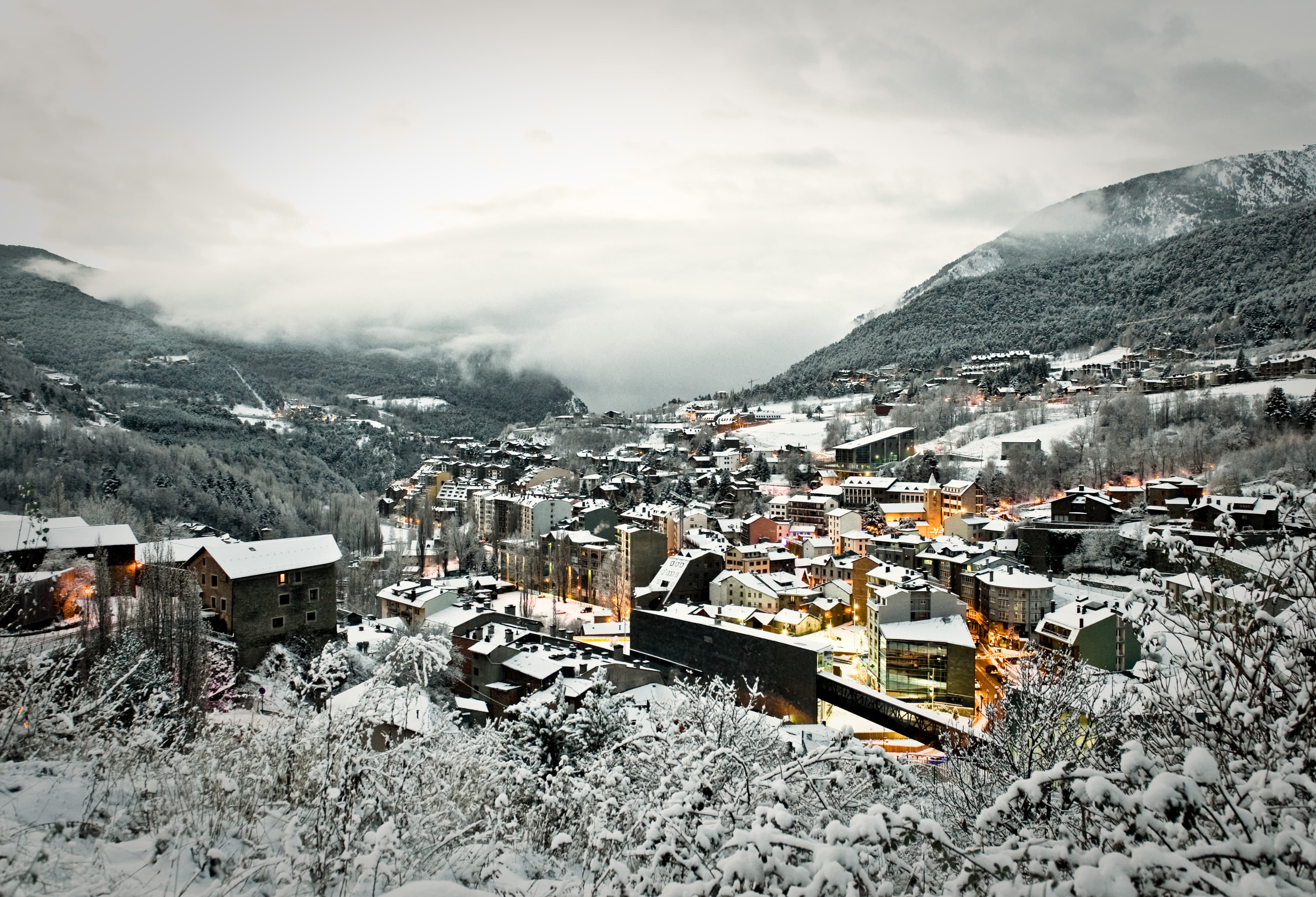 La Massana town on a snowy winter evening