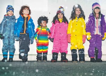 Children in various coloured ski clothing