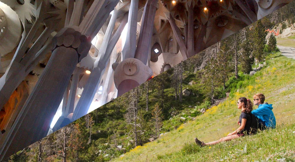 Spilt image of inside Sagrada Familia and couple sat on mountainside