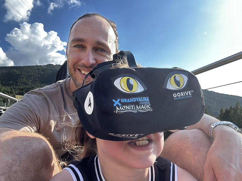 Virtual reality headset on Magic Gliss in Canillo Family Park, Andorra in the summer